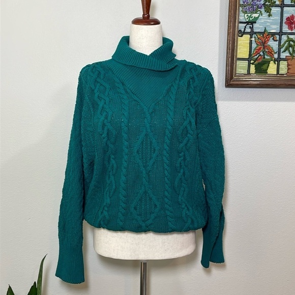 Chunky Teal Blue Fisherman’s Sweater High Neck Collar Vintage Size Medium - Picture 1 of 10